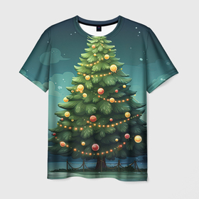 Мужская футболка 3D с принтом Новогодняя зеленая елка , 100% полиэфир | прямой крой, круглый вырез горловины, длина до линии бедер | 