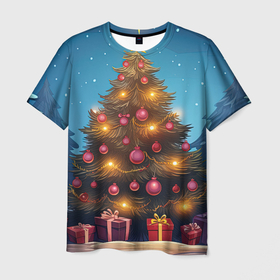 Мужская футболка 3D с принтом Новогодняя наряженная  елка , 100% полиэфир | прямой крой, круглый вырез горловины, длина до линии бедер | 