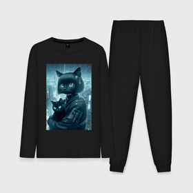 Мужская пижама с лонгсливом хлопок с принтом Модная кошечка с котёнком   киберпанк ,  |  | Тематика изображения на принте: 