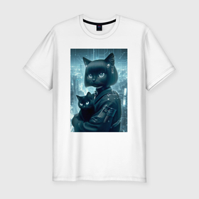 Мужская футболка хлопок Slim с принтом Модная кошечка с котёнком   киберпанк в Петрозаводске, 92% хлопок, 8% лайкра | приталенный силуэт, круглый вырез ворота, длина до линии бедра, короткий рукав | 