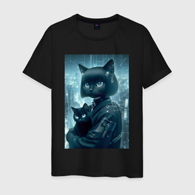 Мужская футболка хлопок с принтом Модная кошечка с котёнком   киберпанк , 100% хлопок | прямой крой, круглый вырез горловины, длина до линии бедер, слегка спущенное плечо. | 