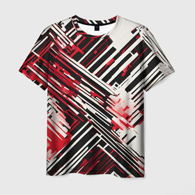 Мужская футболка 3D с принтом Киберпанк линии белые и красные , 100% полиэфир | прямой крой, круглый вырез горловины, длина до линии бедер | Тематика изображения на принте: 