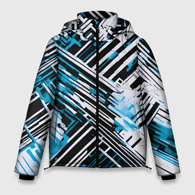 Мужская зимняя куртка 3D с принтом Киберпанк линии белые и синие в Екатеринбурге, верх — 100% полиэстер; подкладка — 100% полиэстер; утеплитель — 100% полиэстер | длина ниже бедра, свободный силуэт Оверсайз. Есть воротник-стойка, отстегивающийся капюшон и ветрозащитная планка. 

Боковые карманы с листочкой на кнопках и внутренний карман на молнии. | 