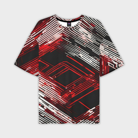 Мужская футболка oversize 3D с принтом Киберпанк линии белые и красные ,  |  | Тематика изображения на принте: 
