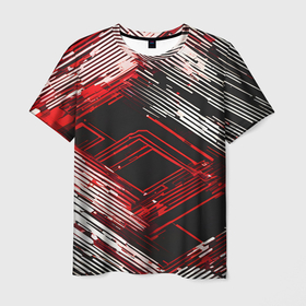 Мужская футболка 3D с принтом Киберпанк линии белые и красные , 100% полиэфир | прямой крой, круглый вырез горловины, длина до линии бедер | 