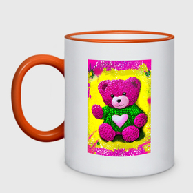 Кружка двухцветная с принтом Розовый мишка плюшевый в Новосибирске, керамика | объем — 330 мл, диаметр — 80 мм. Цветная ручка и кайма сверху, в некоторых цветах — вся внутренняя часть | Тематика изображения на принте: 