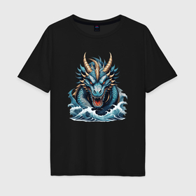 Мужская футболка хлопок Oversize с принтом Грозный морской дракон в Белгороде, 100% хлопок | свободный крой, круглый ворот, “спинка” длиннее передней части | Тематика изображения на принте: 
