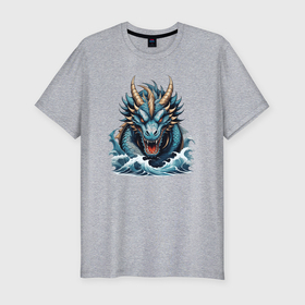 Мужская футболка хлопок Slim с принтом Грозный морской дракон в Новосибирске, 92% хлопок, 8% лайкра | приталенный силуэт, круглый вырез ворота, длина до линии бедра, короткий рукав | Тематика изображения на принте: 