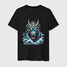 Мужская футболка хлопок с принтом Грозный морской дракон в Санкт-Петербурге, 100% хлопок | прямой крой, круглый вырез горловины, длина до линии бедер, слегка спущенное плечо. | 