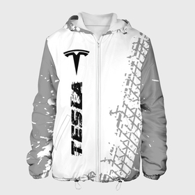 Мужская куртка 3D с принтом Tesla speed на светлом фоне со следами шин по вертикали в Петрозаводске, ткань верха — 100% полиэстер, подклад — флис | прямой крой, подол и капюшон оформлены резинкой с фиксаторами, два кармана без застежек по бокам, один большой потайной карман на груди. Карман на груди застегивается на липучку | 