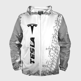 Мужская ветровка 3D с принтом Tesla speed на светлом фоне со следами шин по вертикали в Екатеринбурге, 100% полиэстер | подол и капюшон оформлены резинкой с фиксаторами, два кармана без застежек по бокам, один потайной карман на груди | 