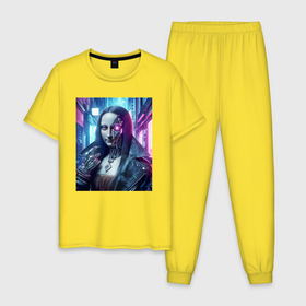 Мужская пижама хлопок с принтом Мона Лиза в кожаной косухе   киберпанк в Белгороде, 100% хлопок | брюки и футболка прямого кроя, без карманов, на брюках мягкая резинка на поясе и по низу штанин
 | 