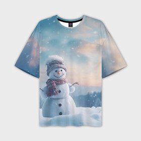 Мужская футболка oversize 3D с принтом Радостный снеговик в лесу на поляне в Тюмени,  |  | 