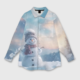 Мужская рубашка oversize 3D с принтом Радостный снеговик в лесу на поляне в Екатеринбурге,  |  | Тематика изображения на принте: 