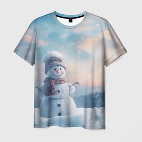Мужская футболка 3D с принтом Радостный снеговик в лесу на поляне в Петрозаводске, 100% полиэфир | прямой крой, круглый вырез горловины, длина до линии бедер | 