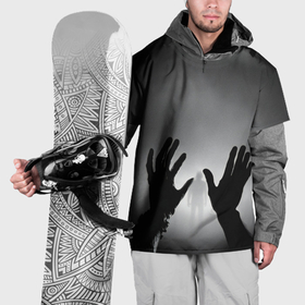 Накидка на куртку 3D с принтом Руки зомби и силуэт в тумане в Петрозаводске, 100% полиэстер |  | Тематика изображения на принте: 