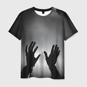 Мужская футболка 3D с принтом Руки зомби и силуэт в тумане в Курске, 100% полиэфир | прямой крой, круглый вырез горловины, длина до линии бедер | 
