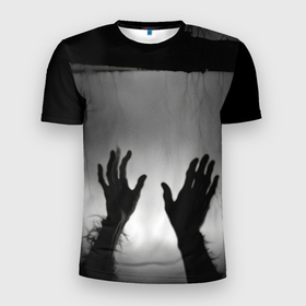 Мужская футболка 3D Slim с принтом Руки зомби в ночном тумане в Петрозаводске, 100% полиэстер с улучшенными характеристиками | приталенный силуэт, круглая горловина, широкие плечи, сужается к линии бедра | 