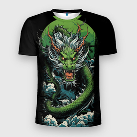 Мужская футболка 3D Slim с принтом Зеленый дракон   символ 2024 в Санкт-Петербурге, 100% полиэстер с улучшенными характеристиками | приталенный силуэт, круглая горловина, широкие плечи, сужается к линии бедра | 