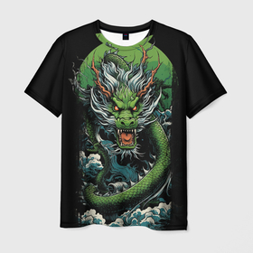 Мужская футболка 3D с принтом Зеленый дракон   символ 2024 в Санкт-Петербурге, 100% полиэфир | прямой крой, круглый вырез горловины, длина до линии бедер | 