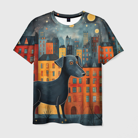 Мужская футболка 3D с принтом Черная собака на фоне города в стиле фолк арт в Белгороде, 100% полиэфир | прямой крой, круглый вырез горловины, длина до линии бедер | 