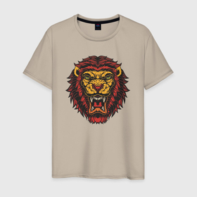 Мужская футболка хлопок с принтом Огненно красный лев в Екатеринбурге, 100% хлопок | прямой крой, круглый вырез горловины, длина до линии бедер, слегка спущенное плечо. | 