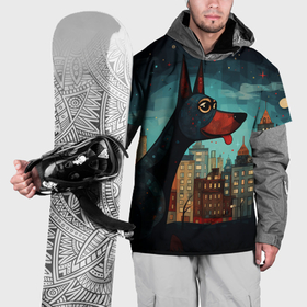 Накидка на куртку 3D с принтом Доберман на фоне города в стиле фолк арт в Белгороде, 100% полиэстер |  | Тематика изображения на принте: 