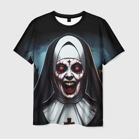Мужская футболка 3D с принтом Страшная монашка из ужасов в Екатеринбурге, 100% полиэфир | прямой крой, круглый вырез горловины, длина до линии бедер | 
