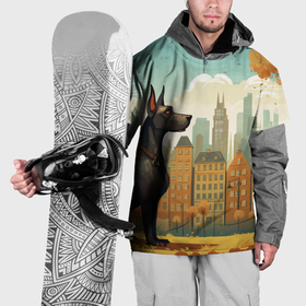 Накидка на куртку 3D с принтом Дог на фоне осеннего города в стиле фолк арт в Тюмени, 100% полиэстер |  | 