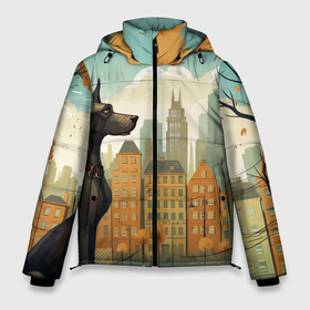 Мужская зимняя куртка 3D с принтом Дог на фоне осеннего города в стиле фолк арт в Тюмени, верх — 100% полиэстер; подкладка — 100% полиэстер; утеплитель — 100% полиэстер | длина ниже бедра, свободный силуэт Оверсайз. Есть воротник-стойка, отстегивающийся капюшон и ветрозащитная планка. 

Боковые карманы с листочкой на кнопках и внутренний карман на молнии. | 
