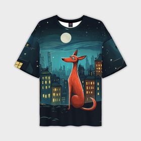 Мужская футболка oversize 3D с принтом Рыжий пёс на фоне города в стиле фолк арт в Екатеринбурге,  |  | 