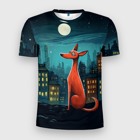 Мужская футболка 3D Slim с принтом Рыжий пёс на фоне города в стиле фолк арт в Санкт-Петербурге, 100% полиэстер с улучшенными характеристиками | приталенный силуэт, круглая горловина, широкие плечи, сужается к линии бедра | 