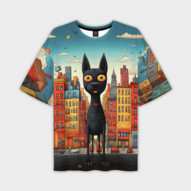Мужская футболка oversize 3D с принтом Собака на фоне города в мульт стиле в Кировске,  |  | 