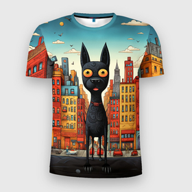 Мужская футболка 3D Slim с принтом Собака на фоне города в мульт стиле в Кировске, 100% полиэстер с улучшенными характеристиками | приталенный силуэт, круглая горловина, широкие плечи, сужается к линии бедра | 