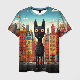 Мужская футболка 3D с принтом Собака на фоне города в мульт стиле в Белгороде, 100% полиэфир | прямой крой, круглый вырез горловины, длина до линии бедер | 
