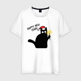 Мужская футболка хлопок с принтом С новым годом   черный кот в Белгороде, 100% хлопок | прямой крой, круглый вырез горловины, длина до линии бедер, слегка спущенное плечо. | 