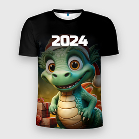 Мужская футболка 3D Slim с принтом Милый дракон 2024 символ года в Тюмени, 100% полиэстер с улучшенными характеристиками | приталенный силуэт, круглая горловина, широкие плечи, сужается к линии бедра | Тематика изображения на принте: 