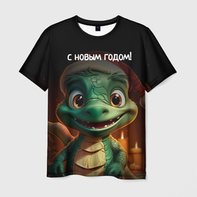 Мужская футболка 3D с принтом С новым годом дракона в Екатеринбурге, 100% полиэфир | прямой крой, круглый вырез горловины, длина до линии бедер | 