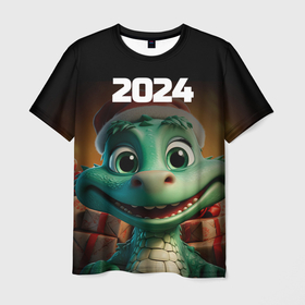 Мужская футболка 3D с принтом 2024 год   зеленого дракона в Екатеринбурге, 100% полиэфир | прямой крой, круглый вырез горловины, длина до линии бедер | 