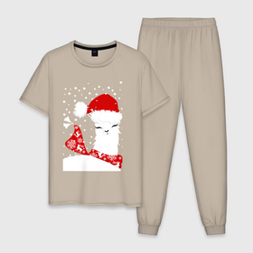 Мужская пижама хлопок с принтом Лама в шапочке и шарфе в Тюмени, 100% хлопок | брюки и футболка прямого кроя, без карманов, на брюках мягкая резинка на поясе и по низу штанин
 | 