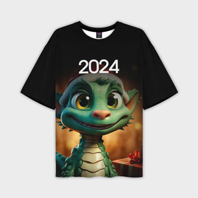 Мужская футболка oversize 3D с принтом Зеленый дракончик символ года 2024 в Кировске,  |  | 