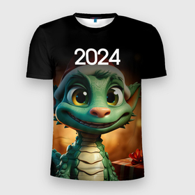 Мужская футболка 3D Slim с принтом Зеленый дракончик символ года 2024 в Санкт-Петербурге, 100% полиэстер с улучшенными характеристиками | приталенный силуэт, круглая горловина, широкие плечи, сужается к линии бедра | 