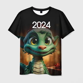 Мужская футболка 3D с принтом Зеленый дракончик символ года 2024 в Санкт-Петербурге, 100% полиэфир | прямой крой, круглый вырез горловины, длина до линии бедер | Тематика изображения на принте: 