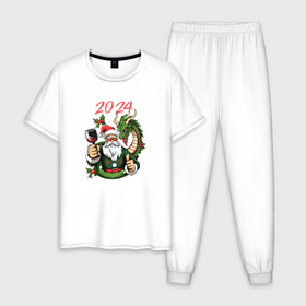 Мужская пижама хлопок с принтом Санта и Дракон в Екатеринбурге, 100% хлопок | брюки и футболка прямого кроя, без карманов, на брюках мягкая резинка на поясе и по низу штанин
 | 