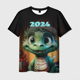 Мужская футболка 3D с принтом 2024   зеленый дракончик , 100% полиэфир | прямой крой, круглый вырез горловины, длина до линии бедер | 