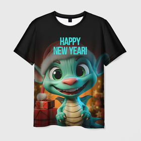 Мужская футболка 3D с принтом Happy new year green  dragon в Курске, 100% полиэфир | прямой крой, круглый вырез горловины, длина до линии бедер | 