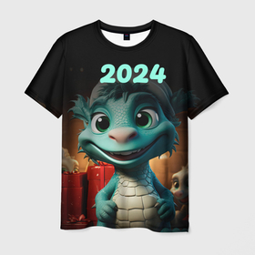 Мужская футболка 3D с принтом Зеленый дракончик   2024 год , 100% полиэфир | прямой крой, круглый вырез горловины, длина до линии бедер | 