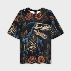 Мужская футболка oversize 3D с принтом Скелет динозавра с цветами на черном фоне в Санкт-Петербурге,  |  | 