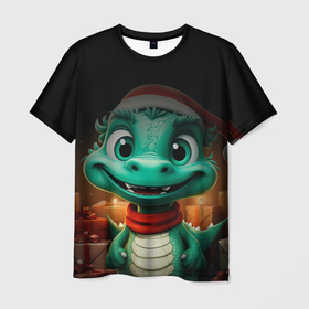 Мужская футболка 3D с принтом Зеленый дракончик   2024 , 100% полиэфир | прямой крой, круглый вырез горловины, длина до линии бедер | 