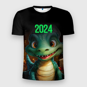 Мужская футболка 3D Slim с принтом 2024  зеленый  дракончик в Белгороде, 100% полиэстер с улучшенными характеристиками | приталенный силуэт, круглая горловина, широкие плечи, сужается к линии бедра | Тематика изображения на принте: 